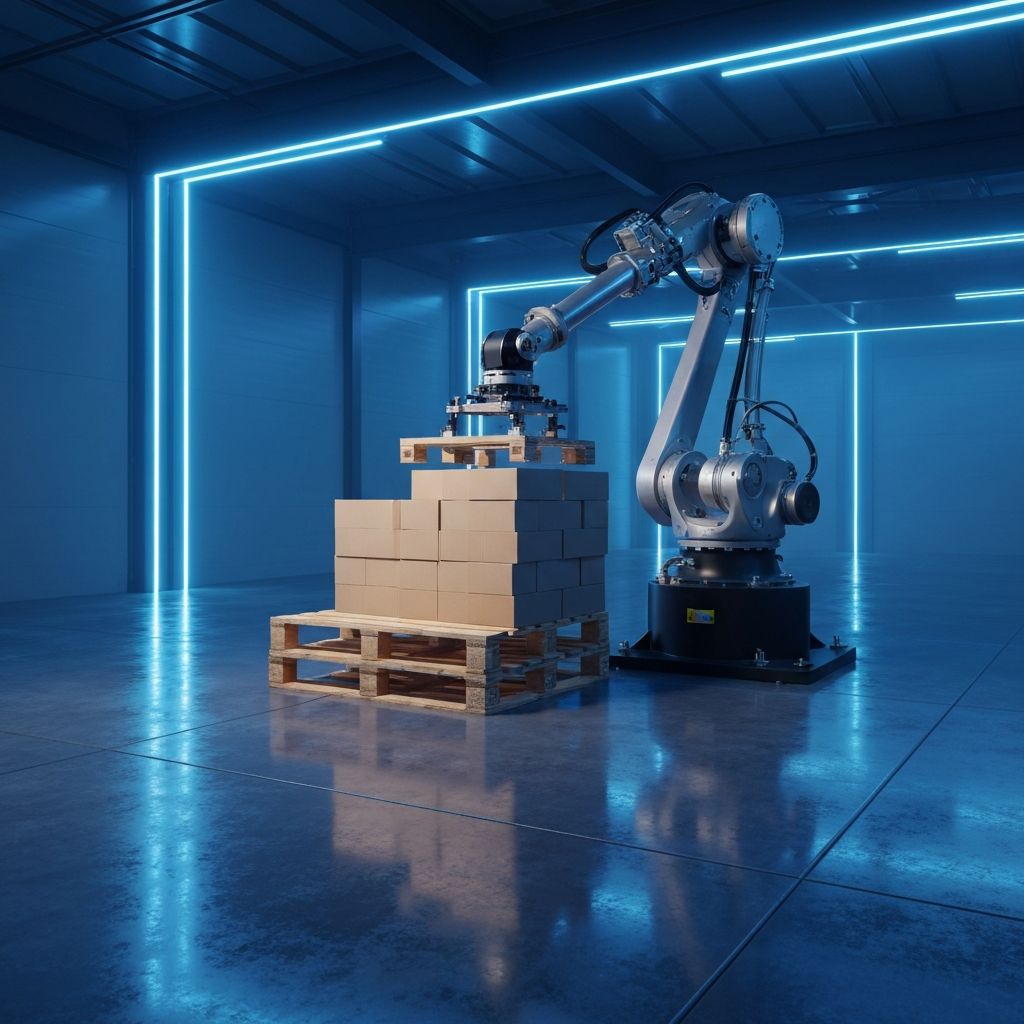Industrial robotic palletizer stacking boxes on a pallet in a manufacturing facility